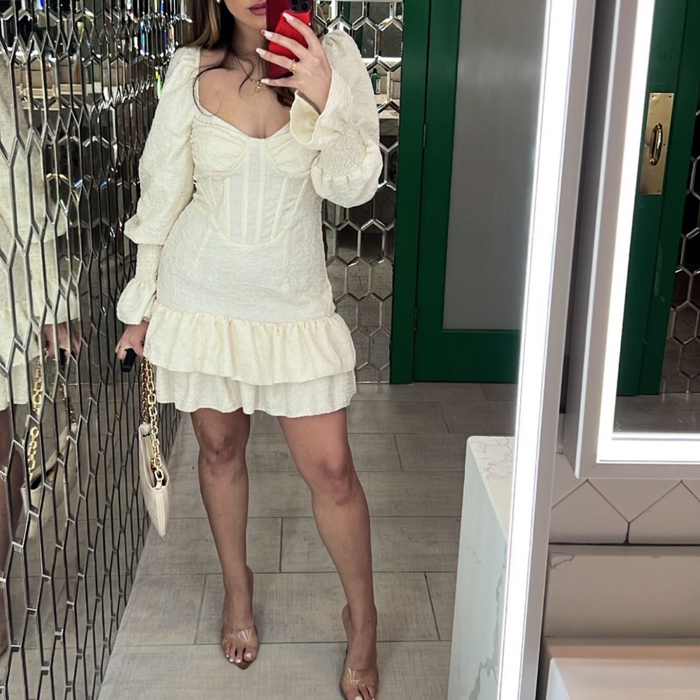 PrettyLittleThing Cream Mini Dress with Puff Sleeves
